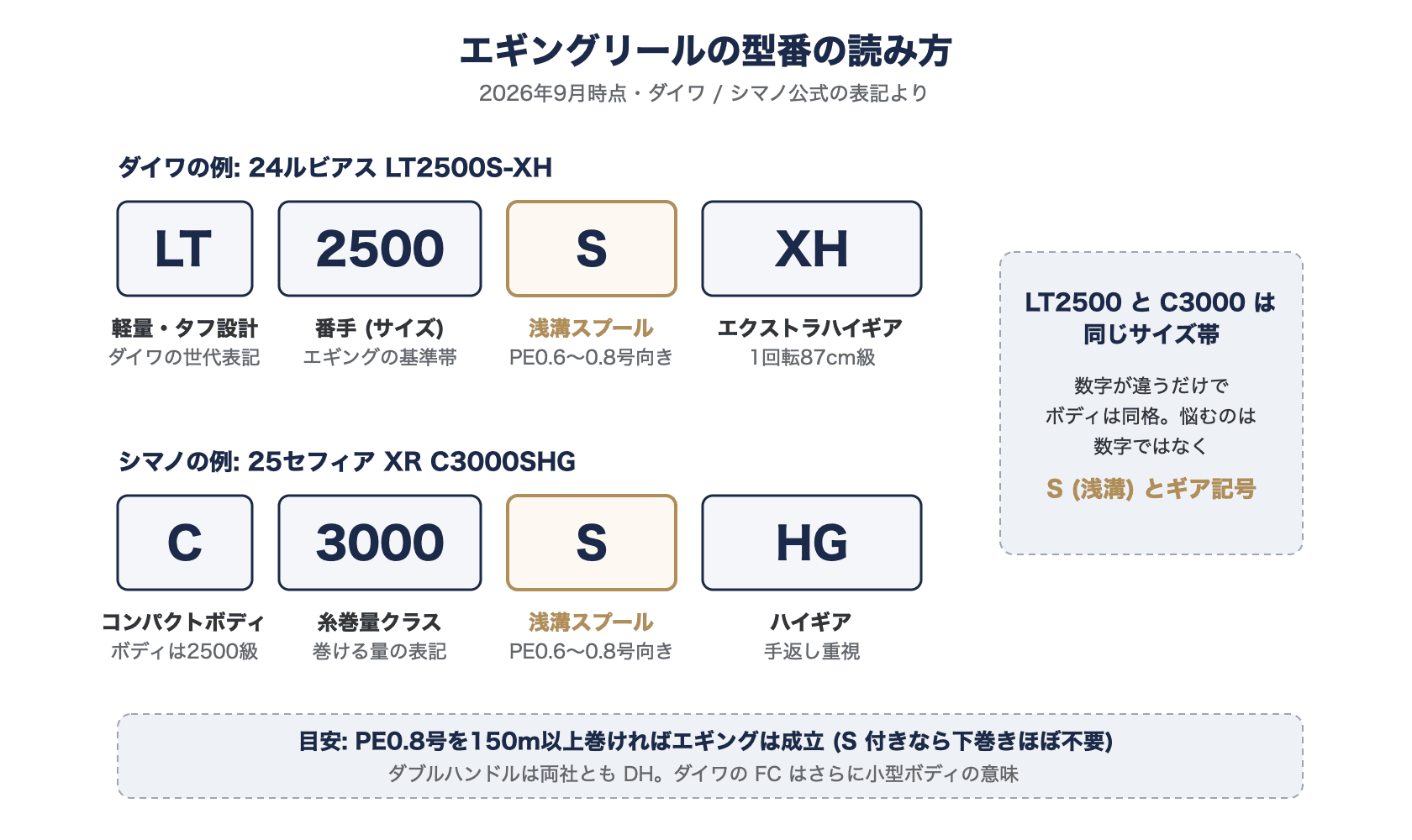 エギングリールの型番の読み方。LT2500S-XHは「LT=軽量コンパクト、2500=番手、S=浅溝スプール、XH=エクストラハイギア」、C3000SHGは「C=コンパクトボディ、3000=番手、S=浅溝、HG=ハイギア」と分解できる